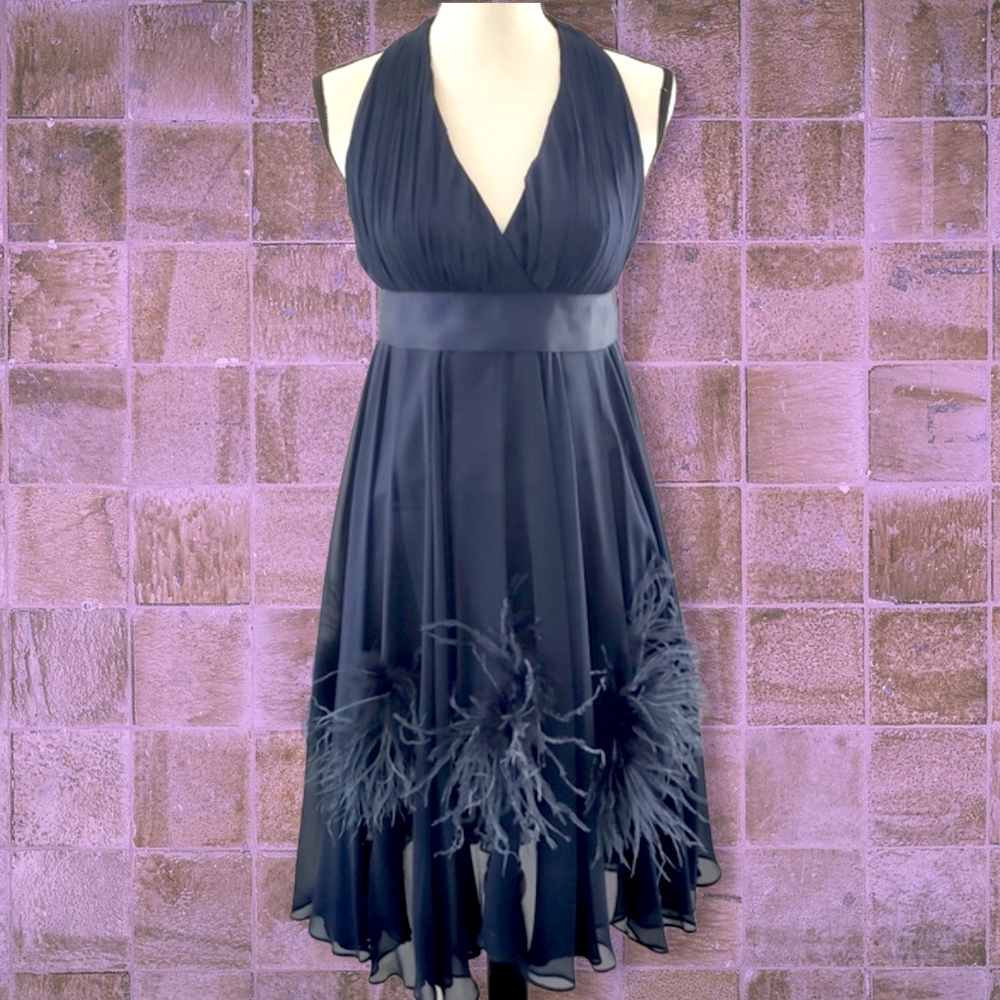 Betsey Johnson Navy Silk Halter Dress w/ Maribou